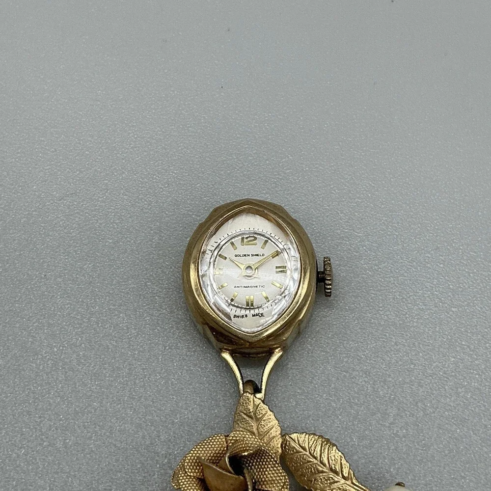 Vintage Golden Shield Nurse Brooch Watch Women 16mm Gold Tone White Dial Manual